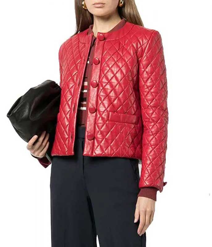 Women's Red Quilted Leather Jacket in Collarless