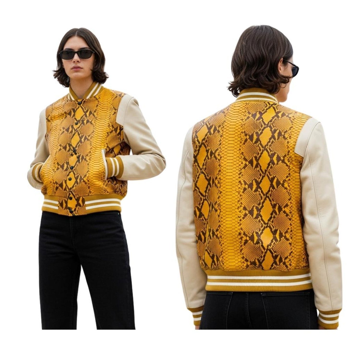 Women’s Yellow Snake Leather Varsity Jacket – Handmade Streetwear Bomber Fashion