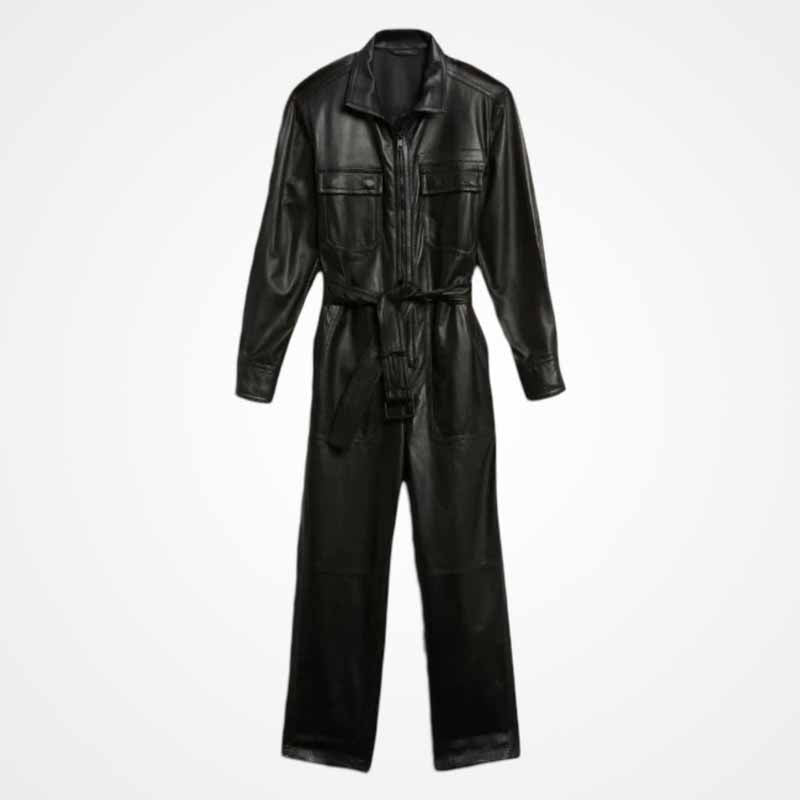 Womens Bodycon Leather Jumpsuit In Black With Belted Waist Glory Store US