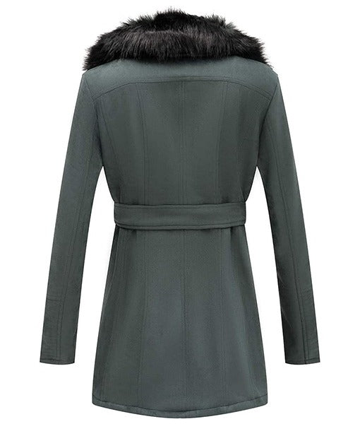 Women’s Green Suede Coat with Faux Fur Trim