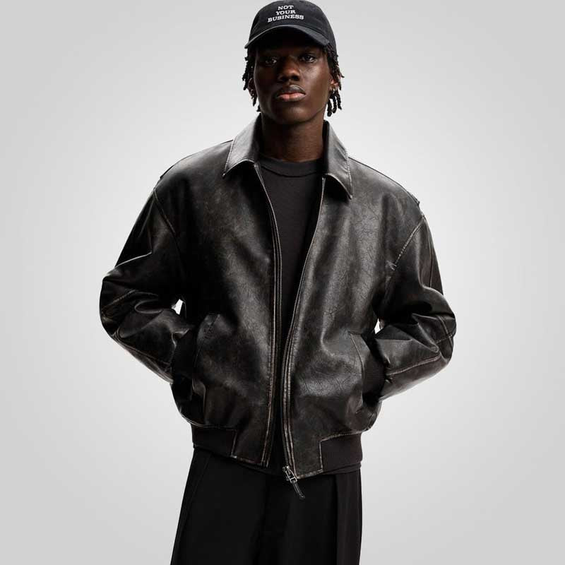A2 Black Distressed Leather Bomber Jacket