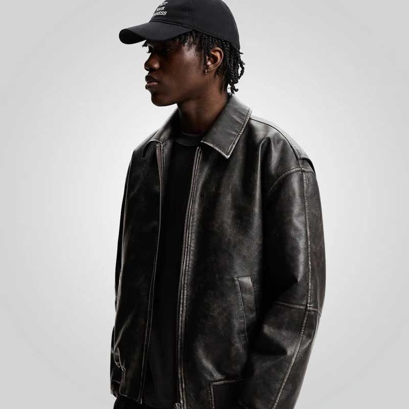 A2 Black Distressed Leather Bomber Jacket