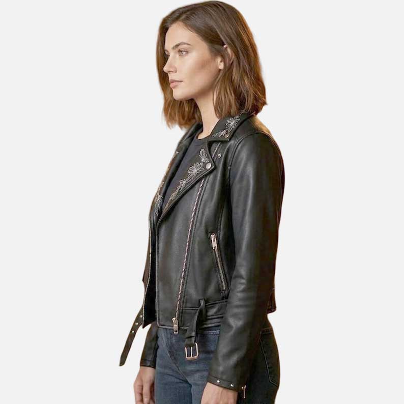 Affordable women embroidered leather jacket buy online from Glory Store US classic biker silhouette
