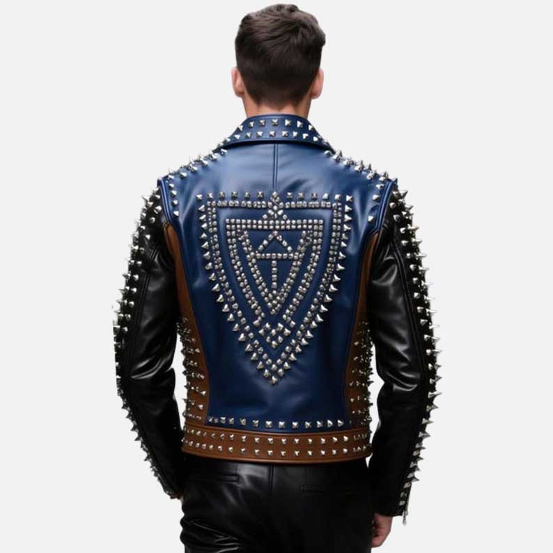 Best premium custom spiked biker jacket with geometric back design by Glory Store US