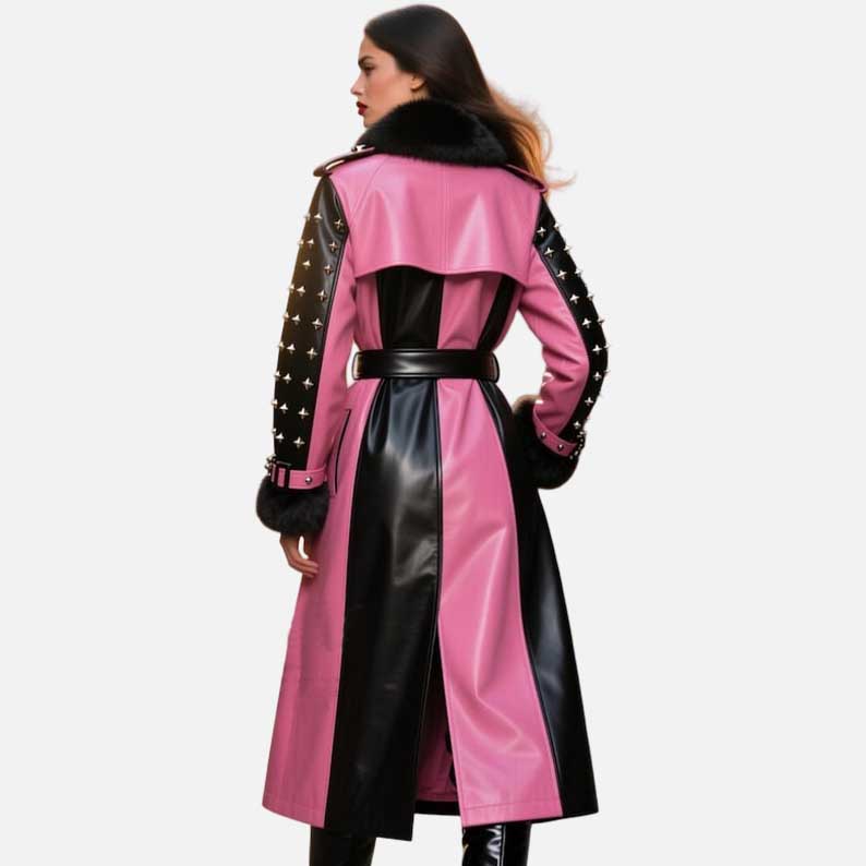 Best designer leather trench coat for women with faux fur collar and stud detailing by Glory Store US