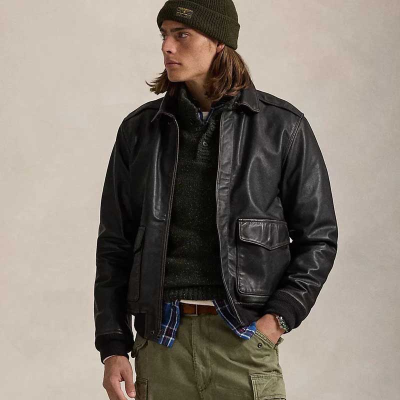 Black A2 Goatskin Leather Bomber Jacket