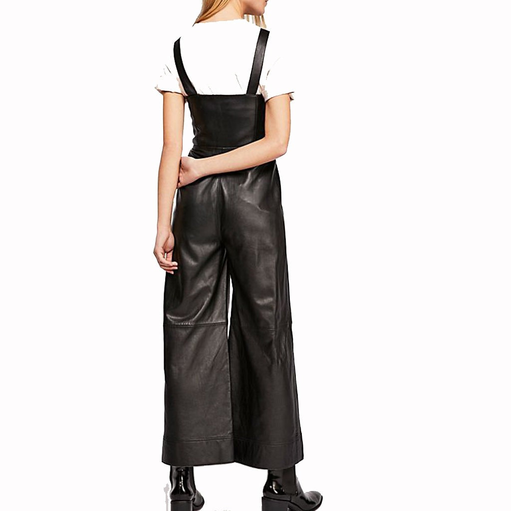 Women's Black Lambskin Leather Jumpsuit with Wide Leg Design