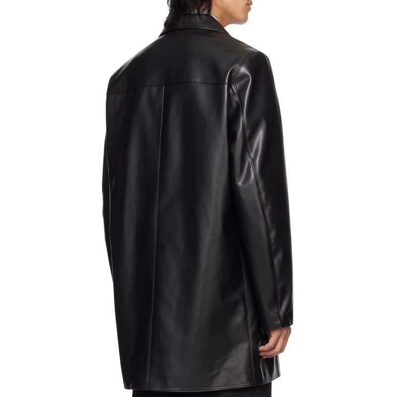 Men's Black Sheepskin Leather Long Coat with Zip Pocket Detail
