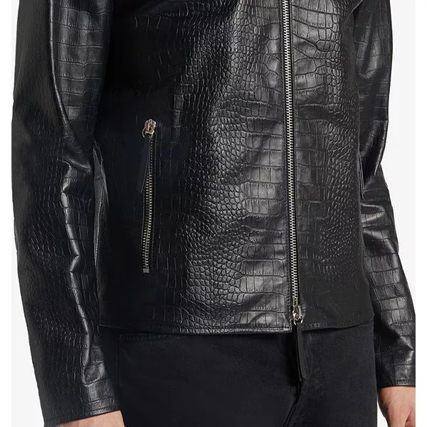 Black Genuine Leather Motorcycle Jacket with Snake Print Style for Men