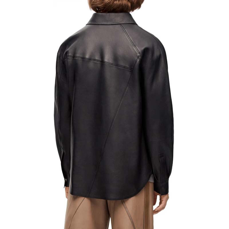 Men's Black Sheepskin Leather Shirt with Asymmetric Stitch Detail