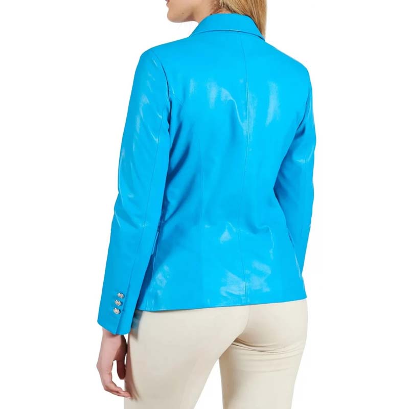 Women's Blue Sheepskin Leather Coat with Double Breasted Design
