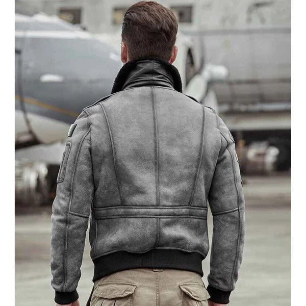 Men’s Grey RAF B3 Flight Bomber Retro Aviator Leather Jacket