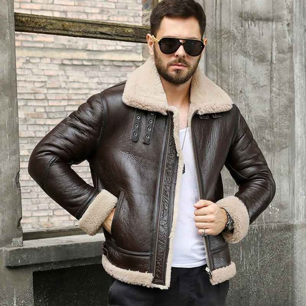 Men’s Shearling Sheepskin Leather B3 Bomber Retro Aviator Jacket
