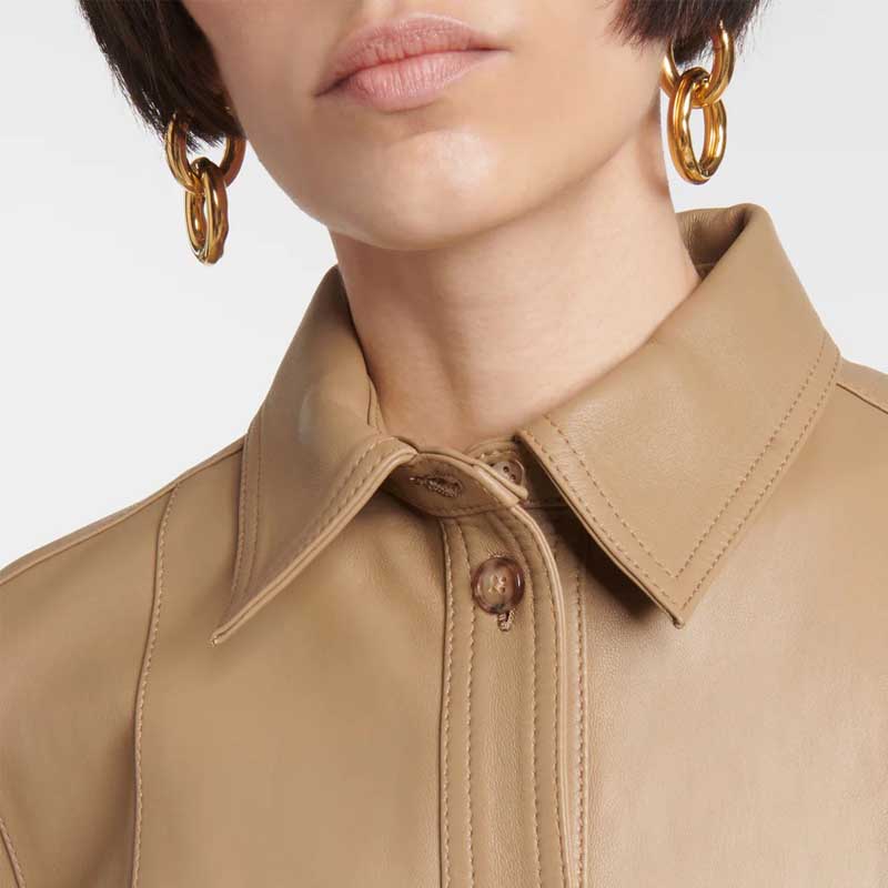 Brown Leather Button Closure Shirt Women