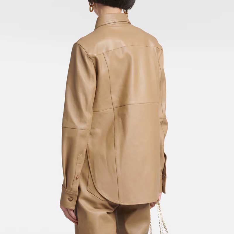 Brown Leather Button Closure Shirt Women