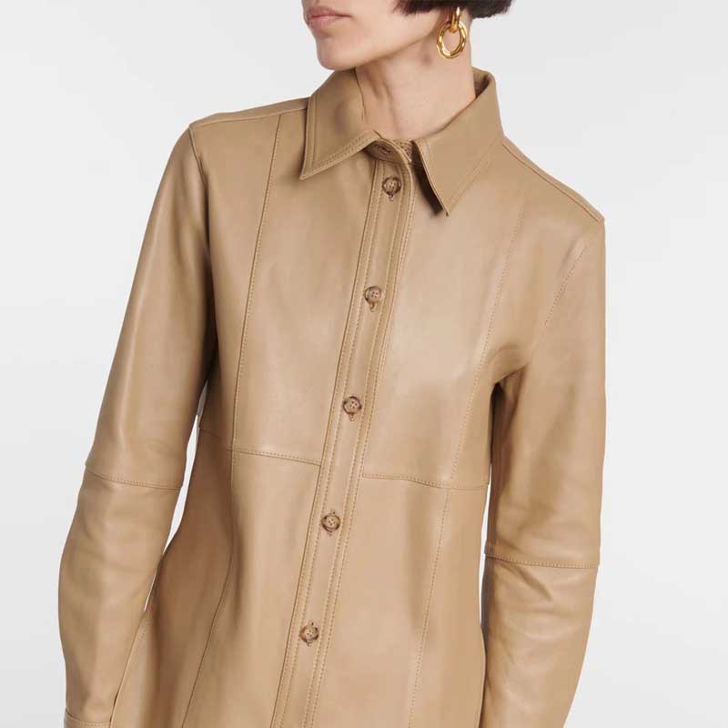 Brown Leather Button Closure Shirt Women