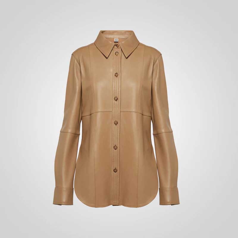 Brown Leather Button Closure Shirt Women