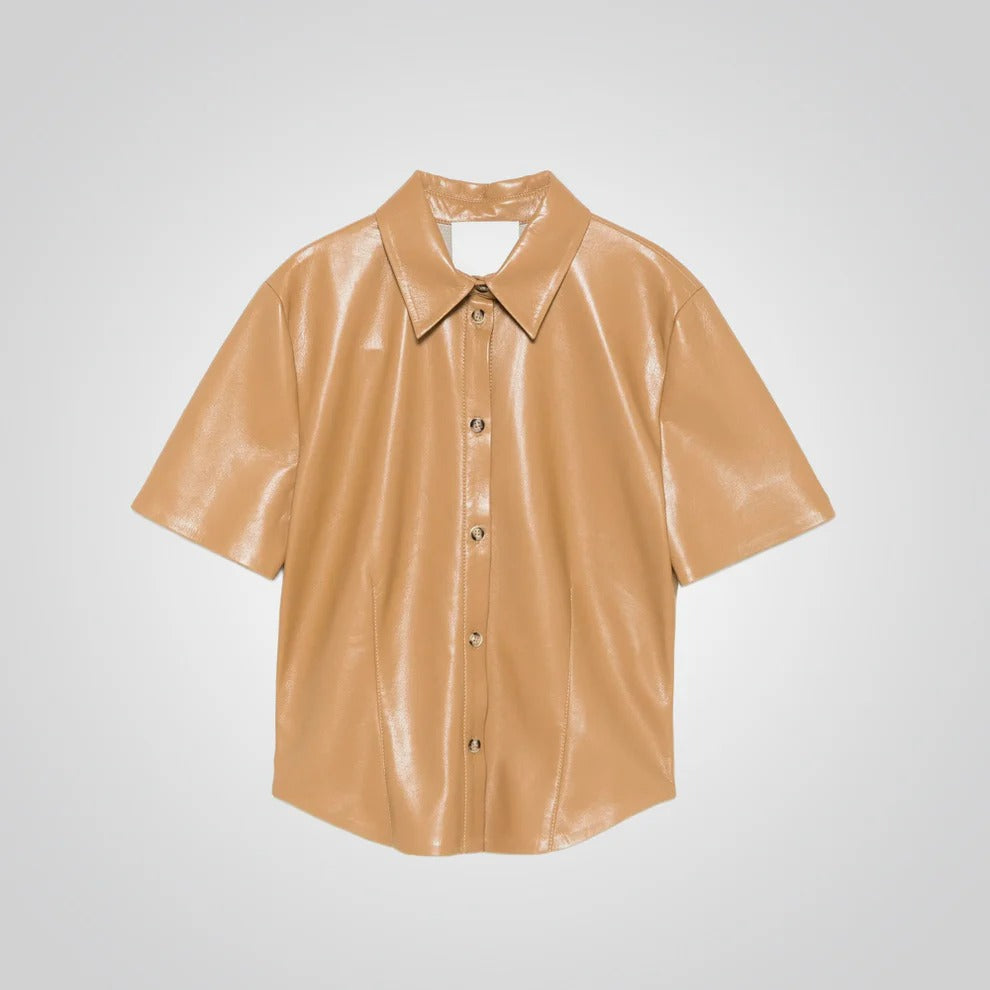 Camel Brown Leather Shirt for Women