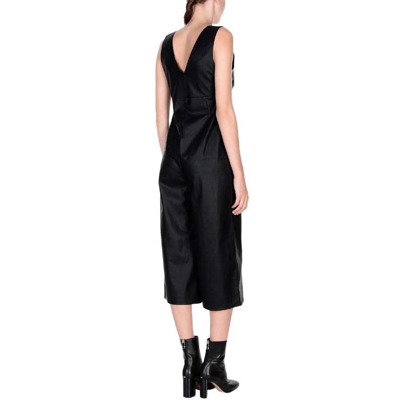 Women's Lambskin Leather Jumpsuit with Cropped Utility High Waist Design