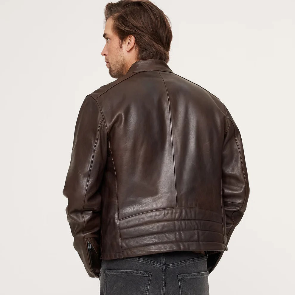 Dark Brown Cafe Racer Leather Moto Jacket