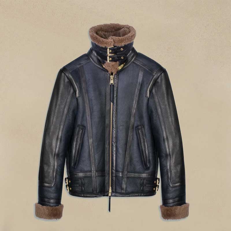 Double Collar Sheepskin Leather Aviator B3 Bomber Jacket