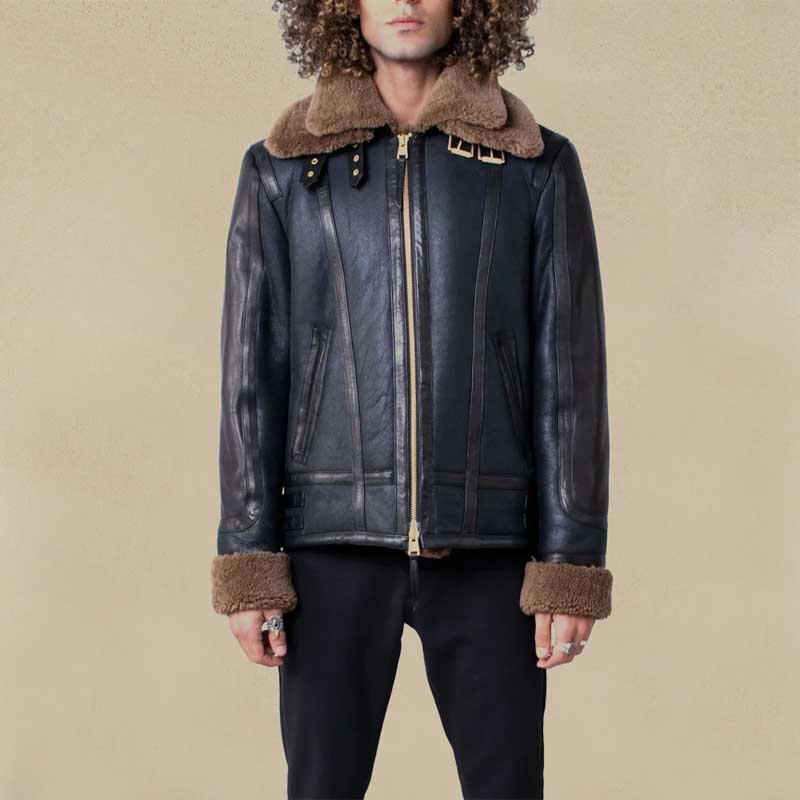 Double Collar Sheepskin Leather Aviator B3 Bomber Jacket