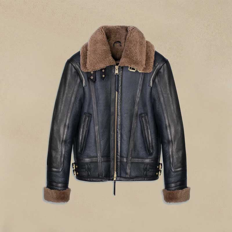 Double Collar Sheepskin Leather Aviator B3 Bomber Jacket