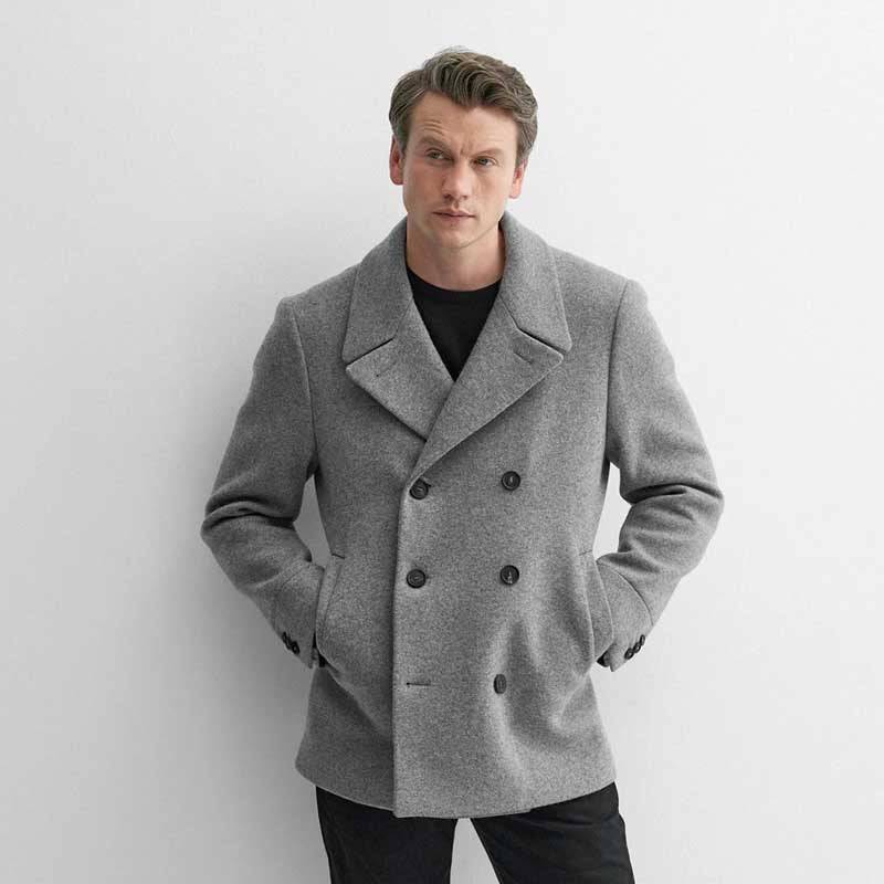 Grey Double Breasted Wool Navy Peacoat for Men