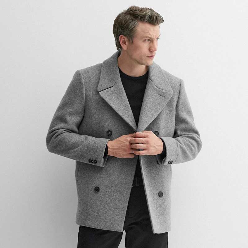 Grey Double Breasted Wool Navy Peacoat for Men