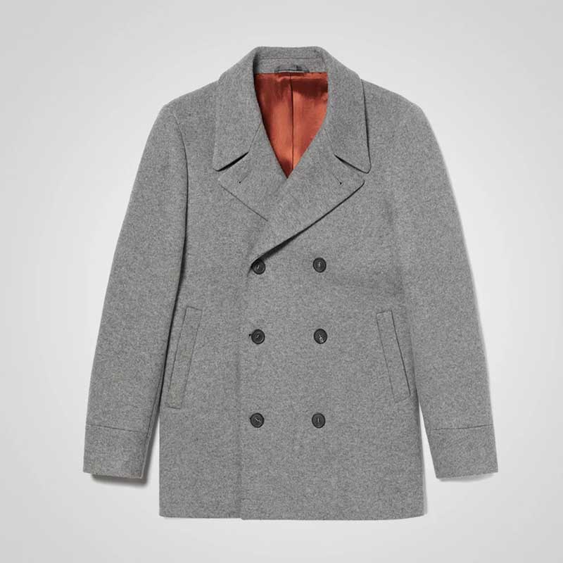 Grey Double Breasted Wool Navy Peacoat for Men