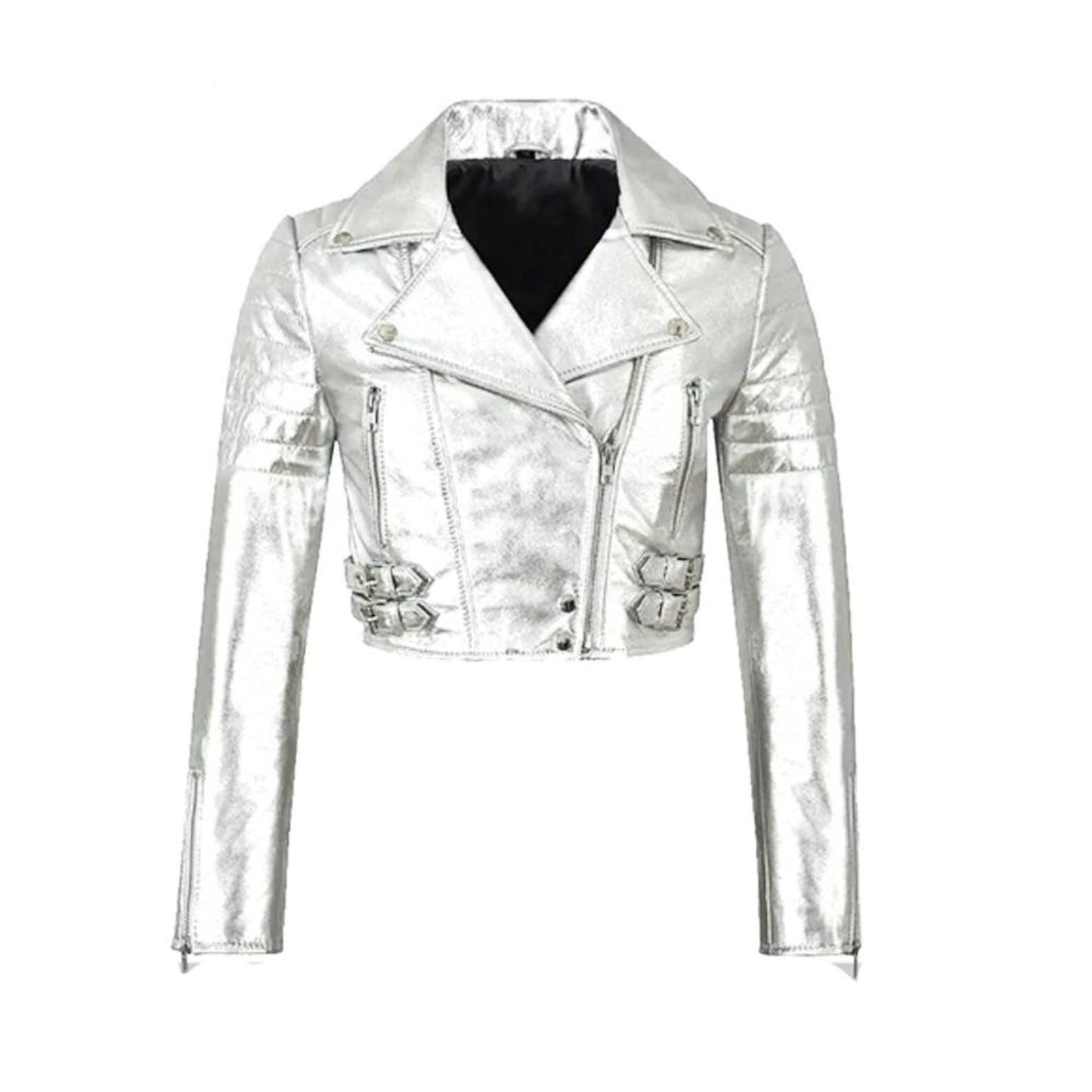 Women’s Metallic Silver Modern Biker Leather Jacket – Luxury Party Outerwear