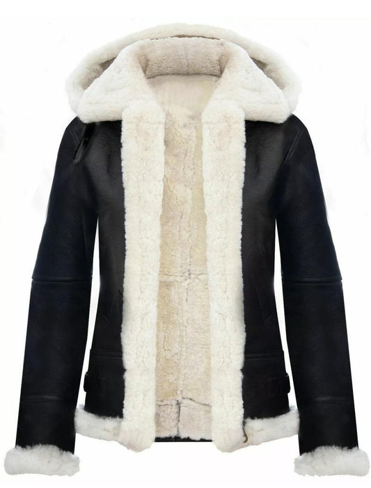 Women’s Black Hooded Shearling Leather Jacket – Cozy & Stylish Winter Outerwear