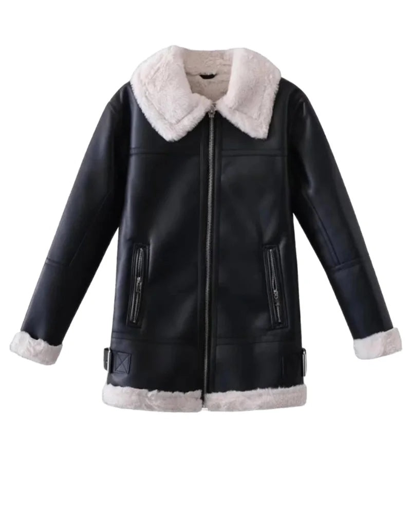 Women’s Black B-3 Shearling Leather Jacket Aviator Winter Coat