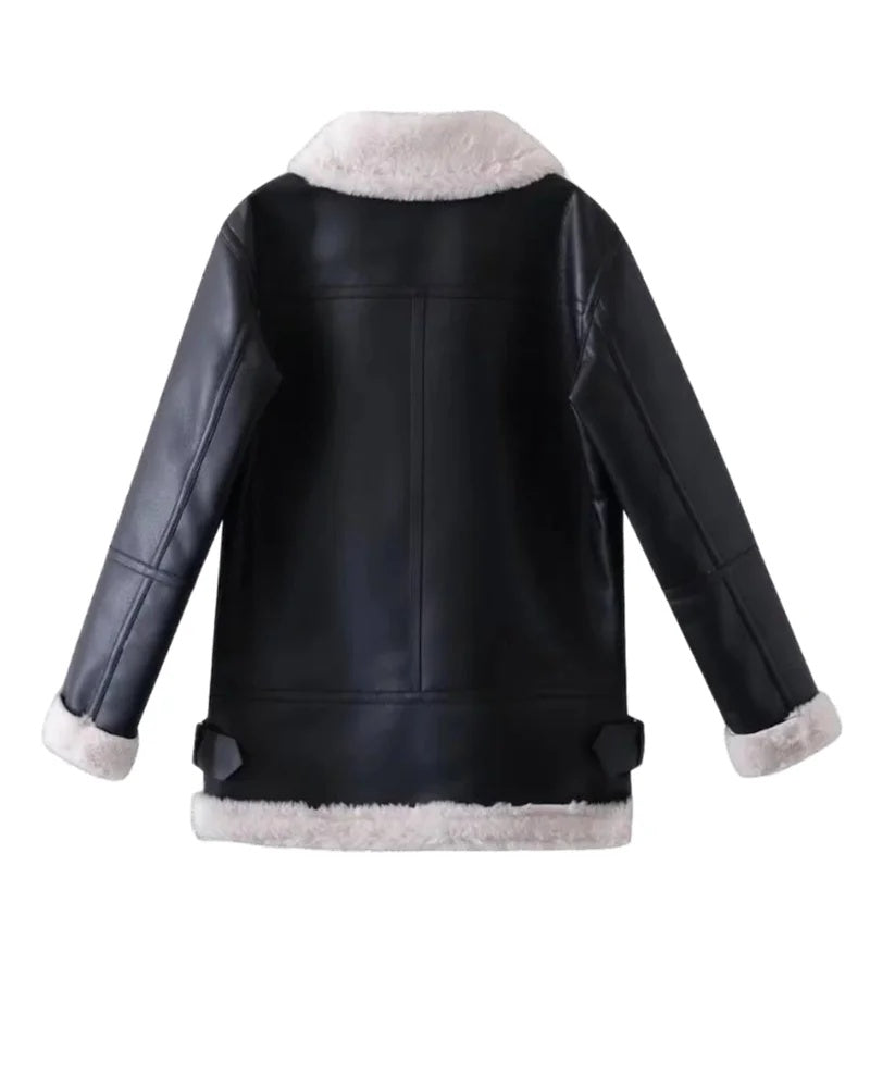 Women’s Black B-3 Shearling Leather Jacket Aviator Winter Coat