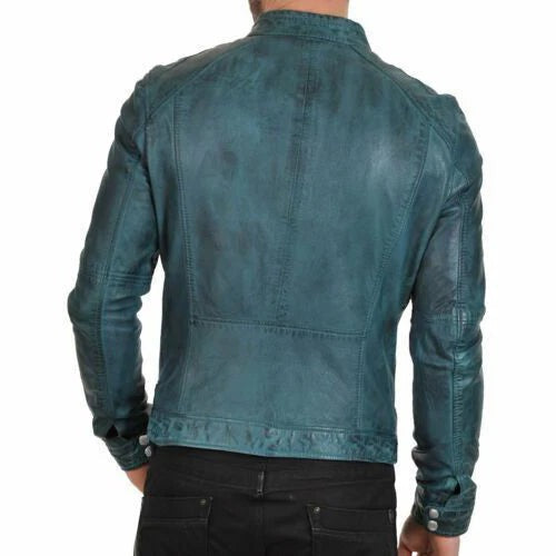 Men Distressed Blue Genuine Leather Jacket With Cafe Racer Biker Style