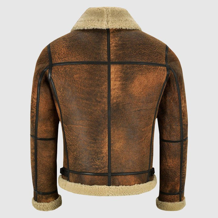 Men Distressed Brown Shearling Leather Jacket With Vintage Aviator Style