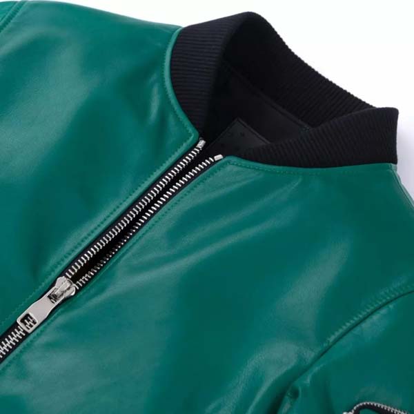 Men Teal Green Genuine Leather Bomber Jacket With Classic Rib Knit Style