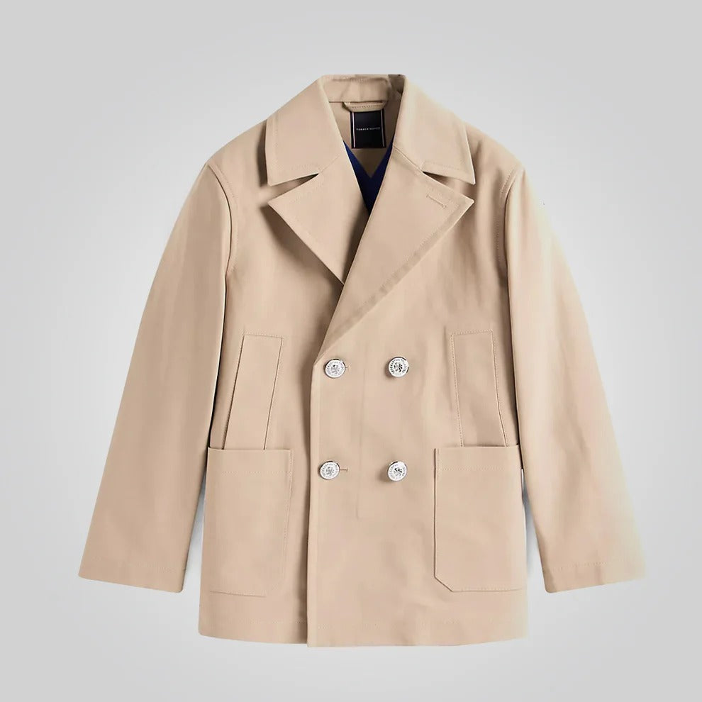 Men’s Beige Double Breasted Royal Navy Cotton Peacoat
