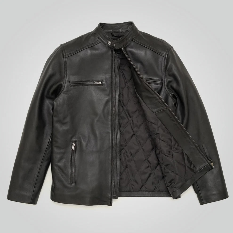 Men’s Black Cafe Racer Leather Moto Jacket