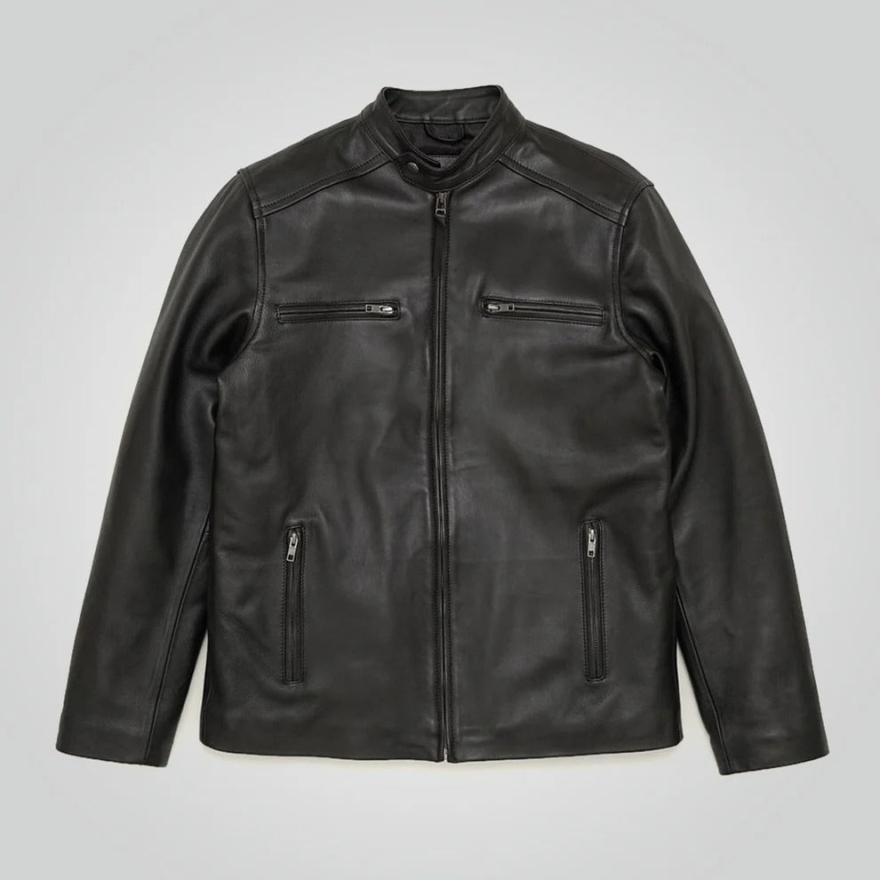 Men’s Black Cafe Racer Leather Moto Jacket