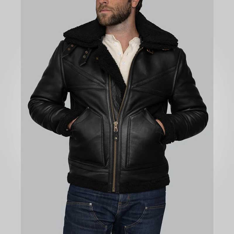 Men’s Black Double Collar B3 Sheepskin Shearling Jacket