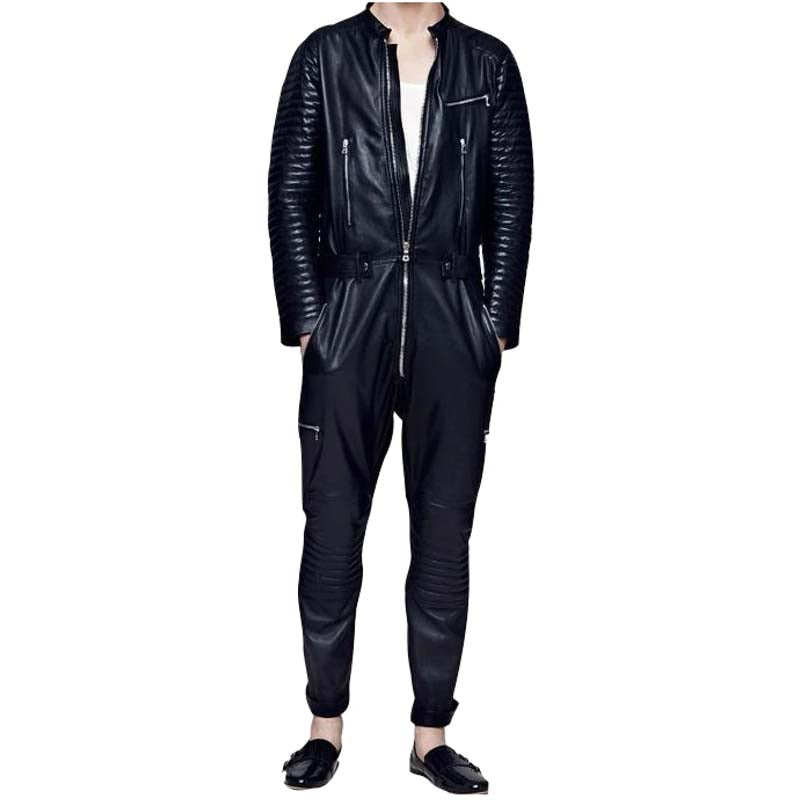 Men's Black Lambskin Leather Jumpsuit with Front Zipper Biker Style