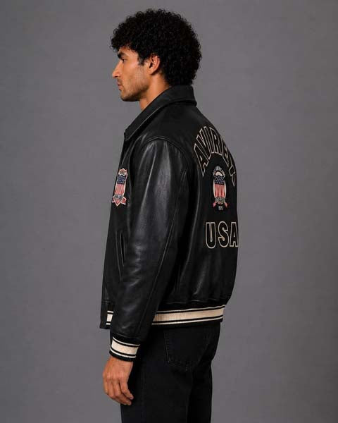 Men's Black Genuine Leather Bomber Jacket with Avirex USA Patch