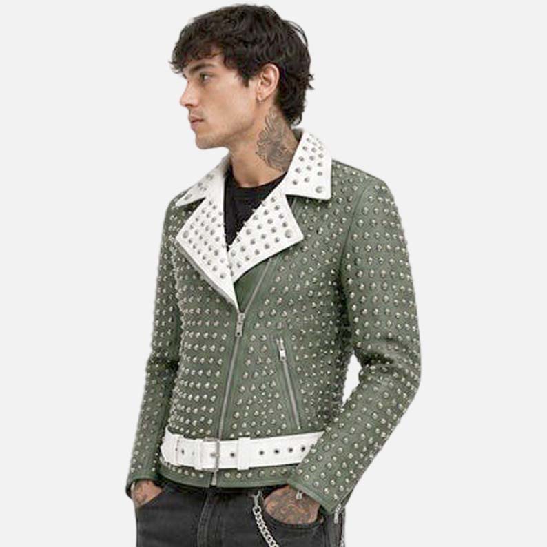 Buy green studded leather biker jacket in premium statement style from Glory Store US