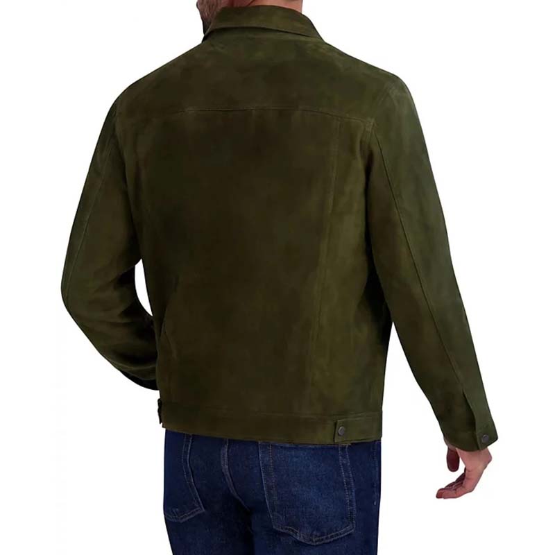 Men's Green Sheepskin Suede Tucker Jacket with Front Snap Closure