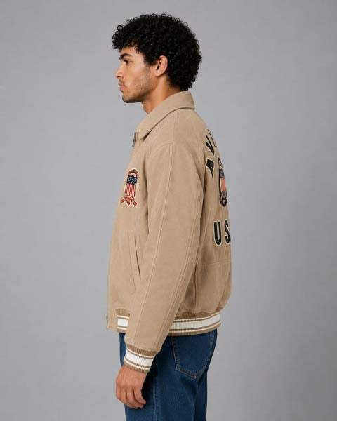 Men's Limited Edition Suede Bomber Jacket with Avirex USA Patch