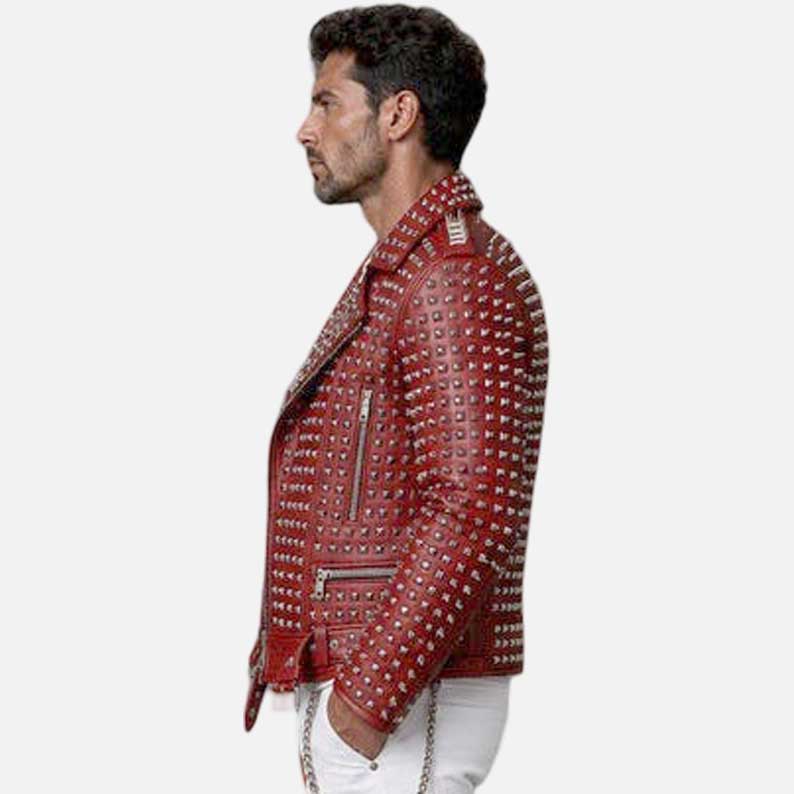 Buy red studded leather jacket in premium punk biker style from Glory Store US