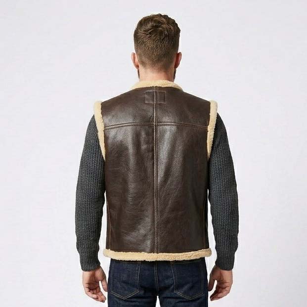 Men's Black Shearling Leather Vest with Genuine Leather Biker Style