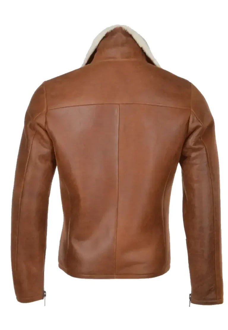 Men’s Brown Leather Biker Jacket with Side Zip & Shearling – Rugged Winter Icon