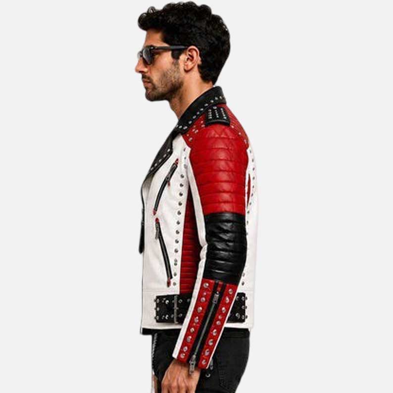Buy studded leather biker jacket in premium three tone moto style from Glory Store US